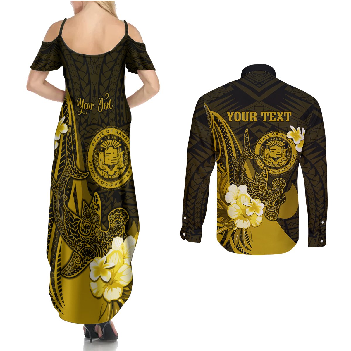 Personalised Hawaii State Motto Couples Matching Summer Maxi Dress and Long Sleeve Button Shirt Hawaiian Tribal Gold Hammerhead Shark LT05 - Polynesian Pride
