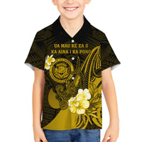 Personalised Hawaii State Motto Family Matching Tank Maxi Dress and Hawaiian Shirt Hawaiian Tribal Gold Hammerhead Shark LT05 Son's Shirt Gold - Polynesian Pride