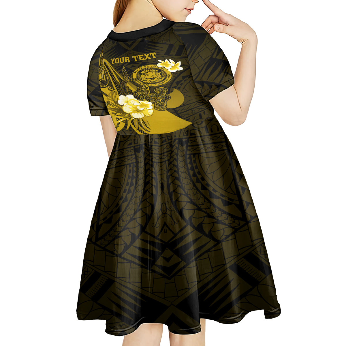 Personalised Hawaii State Motto Kid Short Sleeve Dress Hawaiian Tribal Gold Hammerhead Shark LT05 - Polynesian Pride