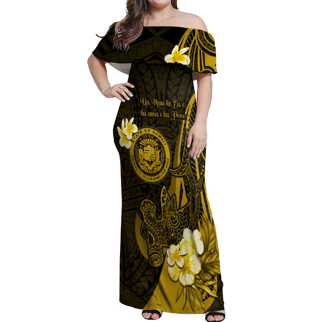 Personalised Hawaii State Motto Off Shoulder Maxi Dress Hawaiian Tribal Gold Hammerhead Shark LT05 Women Gold - Polynesian Pride