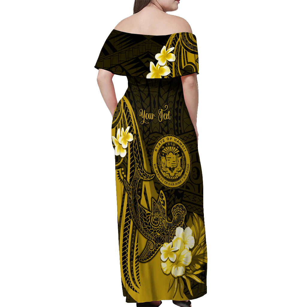 Personalised Hawaii State Motto Off Shoulder Maxi Dress Hawaiian Tribal Gold Hammerhead Shark LT05 - Polynesian Pride