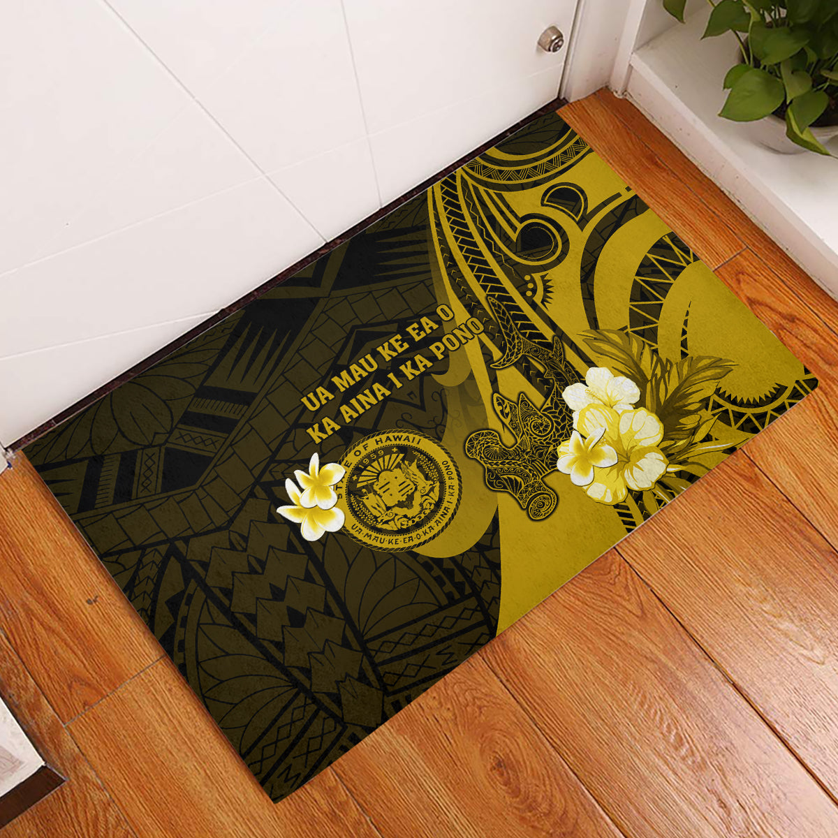 Hawaii State Motto Rubber Doormat Hawaiian Tribal Gold Hammerhead Shark LT05 Gold - Polynesian Pride