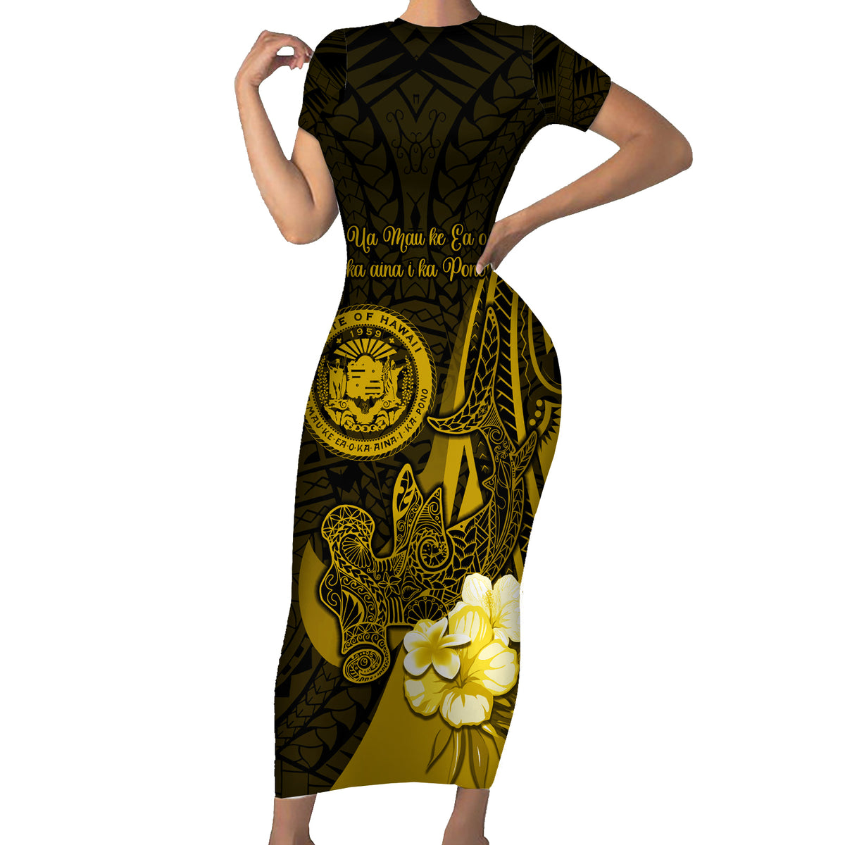 Personalised Hawaii State Motto Short Sleeve Bodycon Dress Hawaiian Tribal Gold Hammerhead Shark LT05 Long Dress Gold - Polynesian Pride