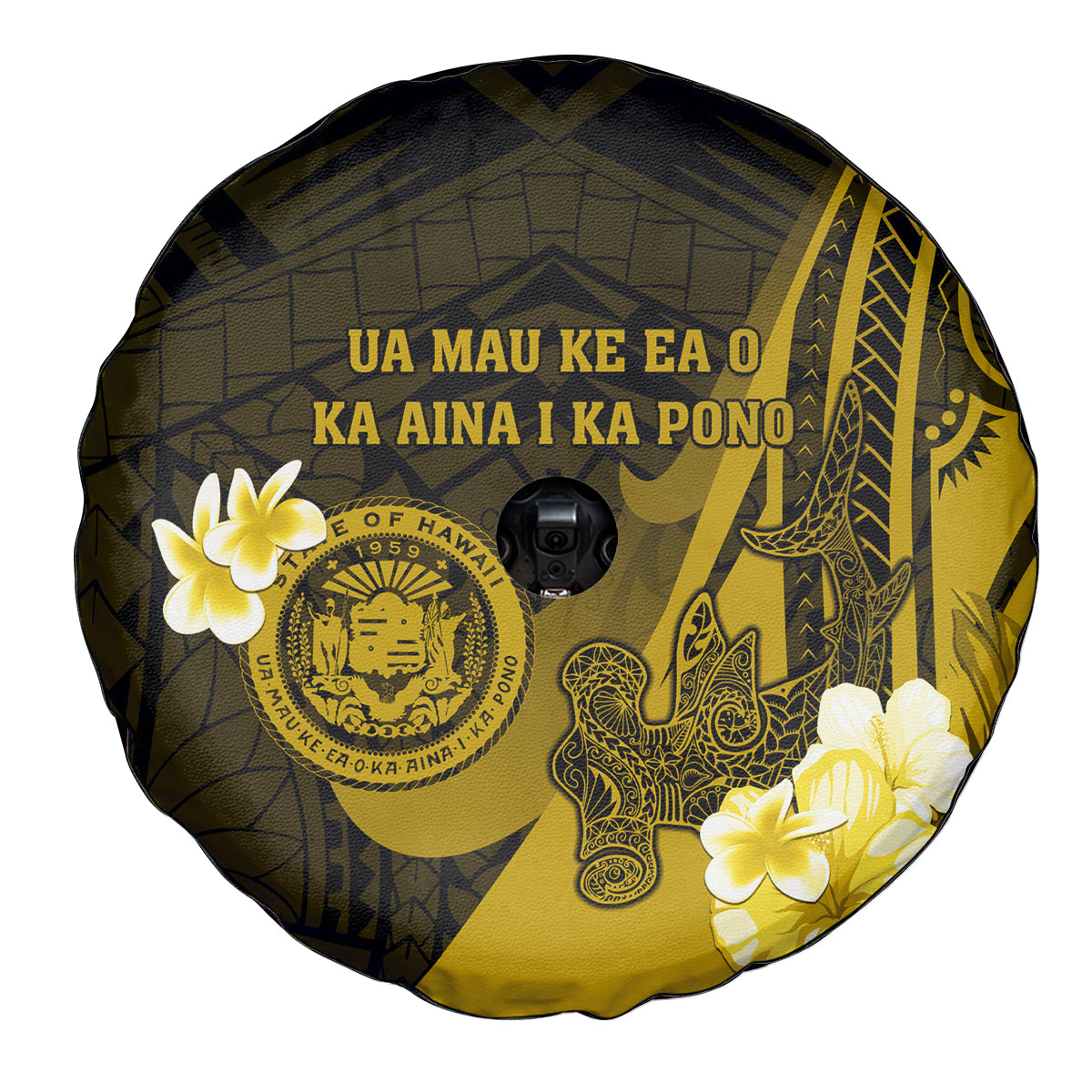 Hawaii State Motto Spare Tire Cover Hawaiian Tribal Gold Hammerhead Shark LT05 - Polynesian Pride