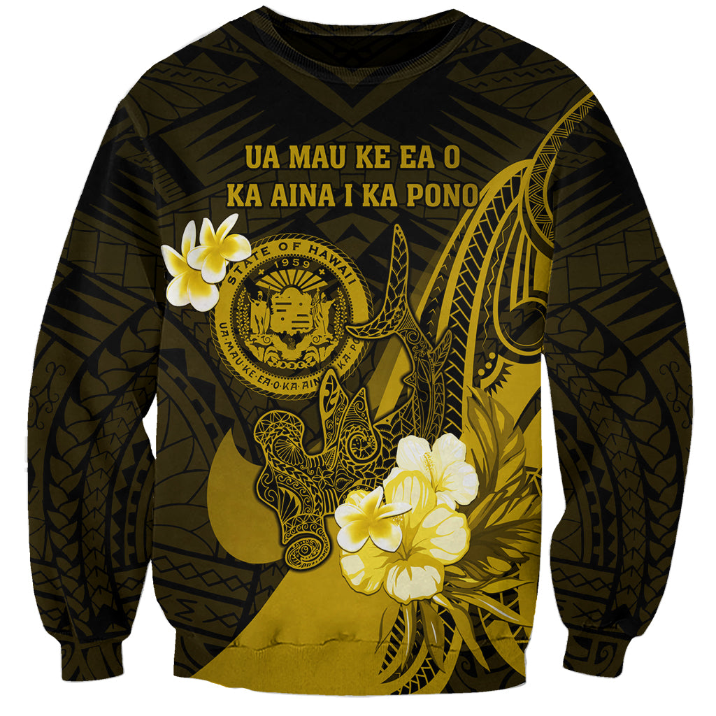 Personalised Hawaii State Motto Sweatshirt Hawaiian Tribal Gold Hammerhead Shark LT05 Unisex Gold - Polynesian Pride