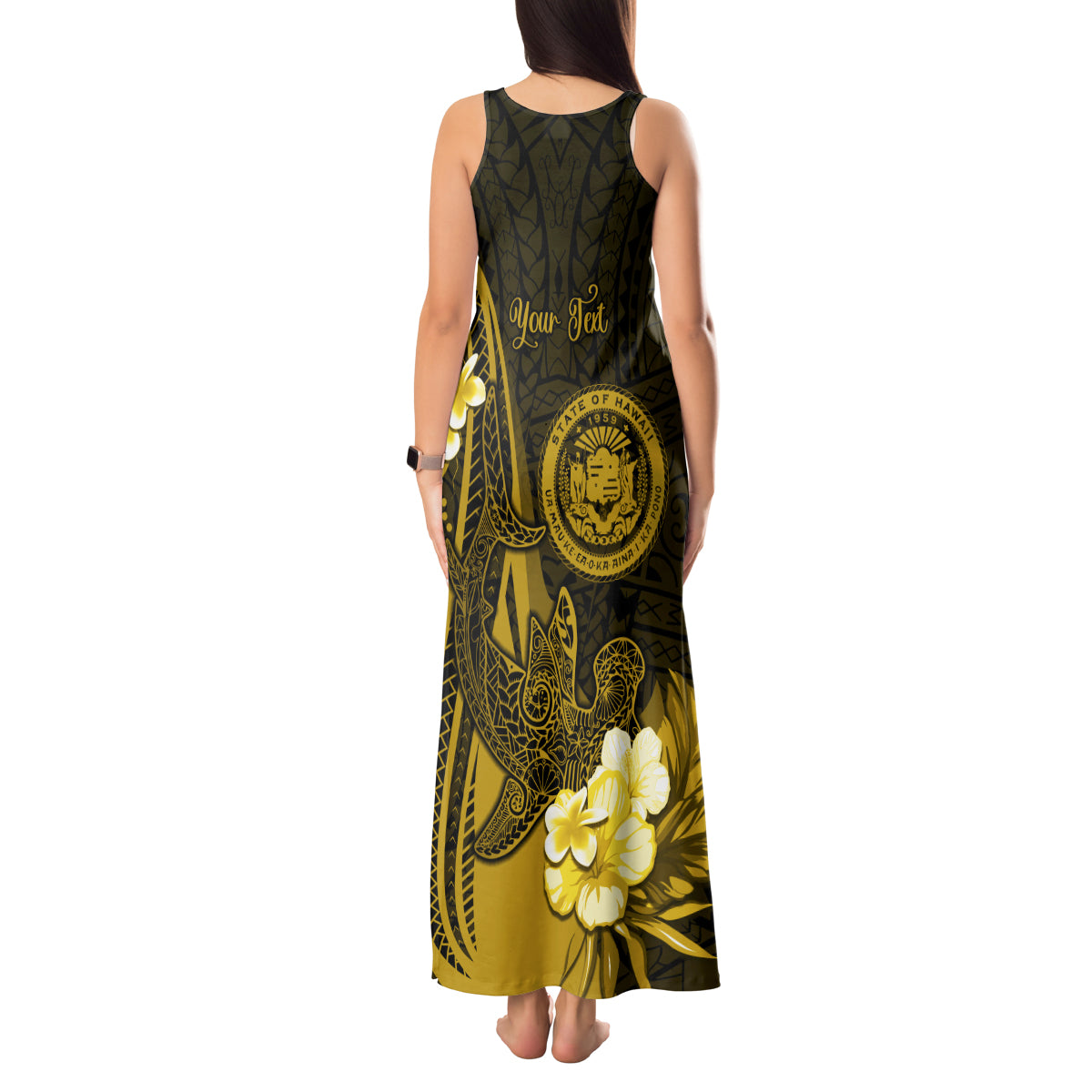 Personalised Hawaii State Motto Tank Maxi Dress Hawaiian Tribal Gold Hammerhead Shark LT05 - Polynesian Pride