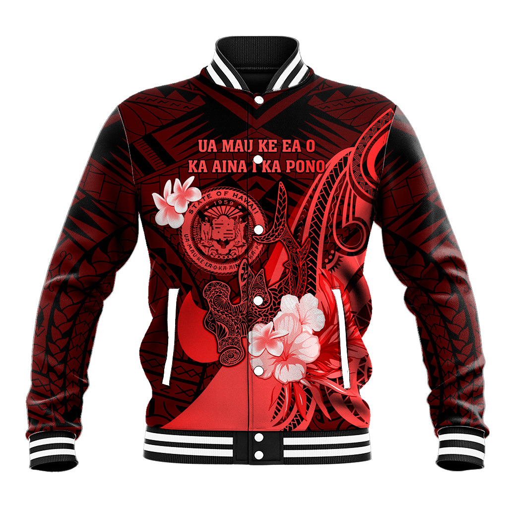 Personalised Hawaii State Motto Baseball Jacket Hawaiian Tribal Red Hammerhead Shark LT05 Unisex Red - Polynesian Pride