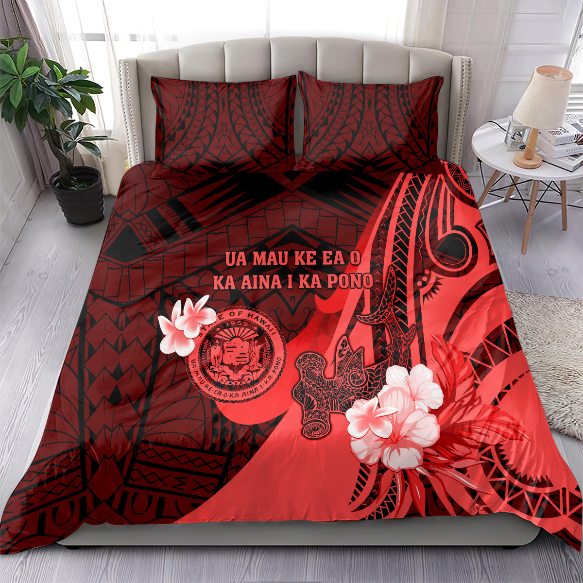 Hawaii State Motto Bedding Set Hawaiian Tribal Red Hammerhead Shark LT05 - Polynesian Pride