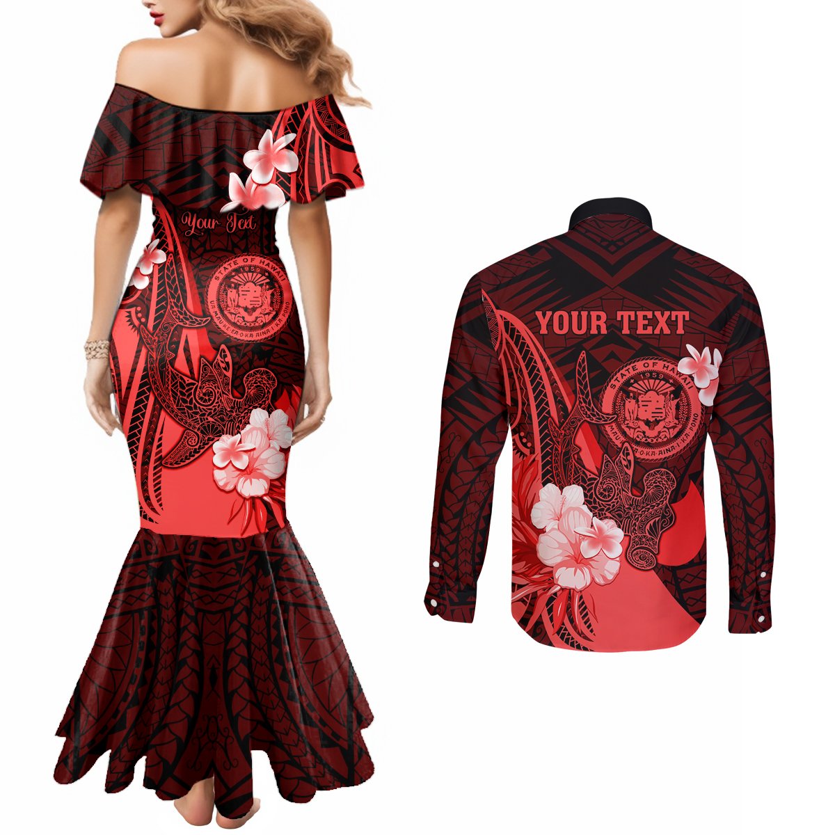 Personalised Hawaii State Motto Couples Matching Mermaid Dress and Long Sleeve Button Shirt Hawaiian Tribal Red Hammerhead Shark LT05 - Polynesian Pride