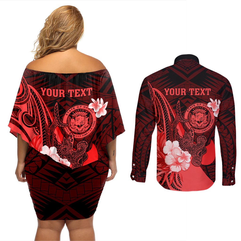 Personalised Hawaii State Motto Couples Matching Off Shoulder Short Dress and Long Sleeve Button Shirt Hawaiian Tribal Red Hammerhead Shark LT05 - Polynesian Pride