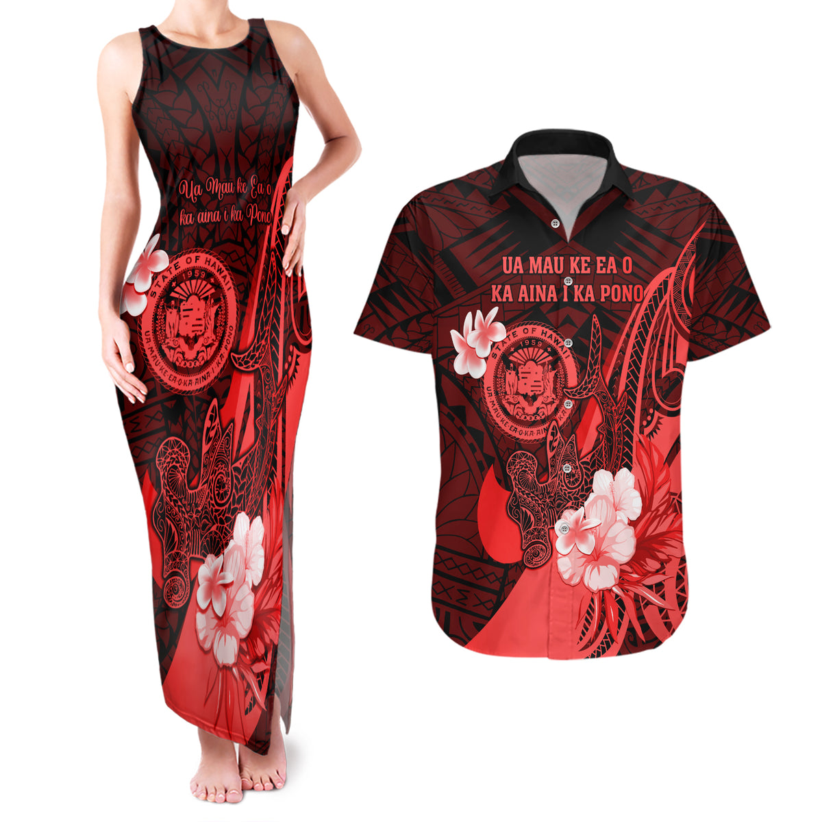 Personalised Hawaii State Motto Couples Matching Tank Maxi Dress and Hawaiian Shirt Hawaiian Tribal Red Hammerhead Shark LT05 Red - Polynesian Pride