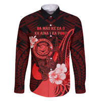 Personalised Hawaii State Motto Family Matching Off Shoulder Maxi Dress and Hawaiian Shirt Hawaiian Tribal Red Hammerhead Shark LT05 Dad's Shirt - Long Sleeve Red - Polynesian Pride