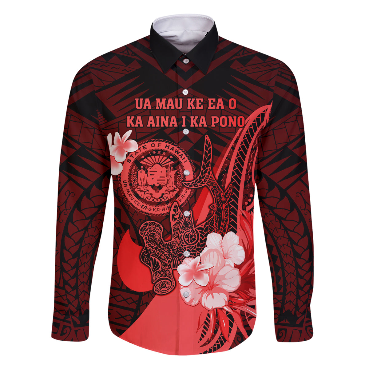 Personalised Hawaii State Motto Family Matching Off Shoulder Short Dress and Hawaiian Shirt Hawaiian Tribal Red Hammerhead Shark LT05 Dad's Shirt - Long Sleeve Red - Polynesian Pride