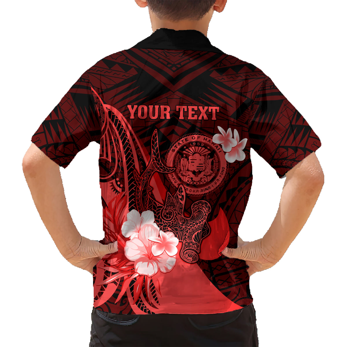 Personalised Hawaii State Motto Kid Hawaiian Shirt Hawaiian Tribal Red Hammerhead Shark LT05 - Polynesian Pride