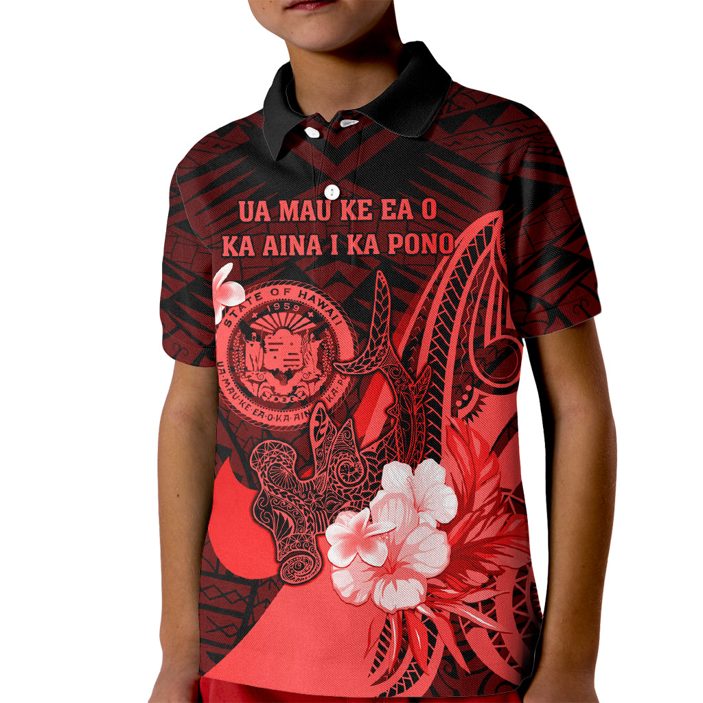 Personalised Hawaii State Motto Kid Polo Shirt Hawaiian Tribal Red Hammerhead Shark LT05 Kid Red - Polynesian Pride