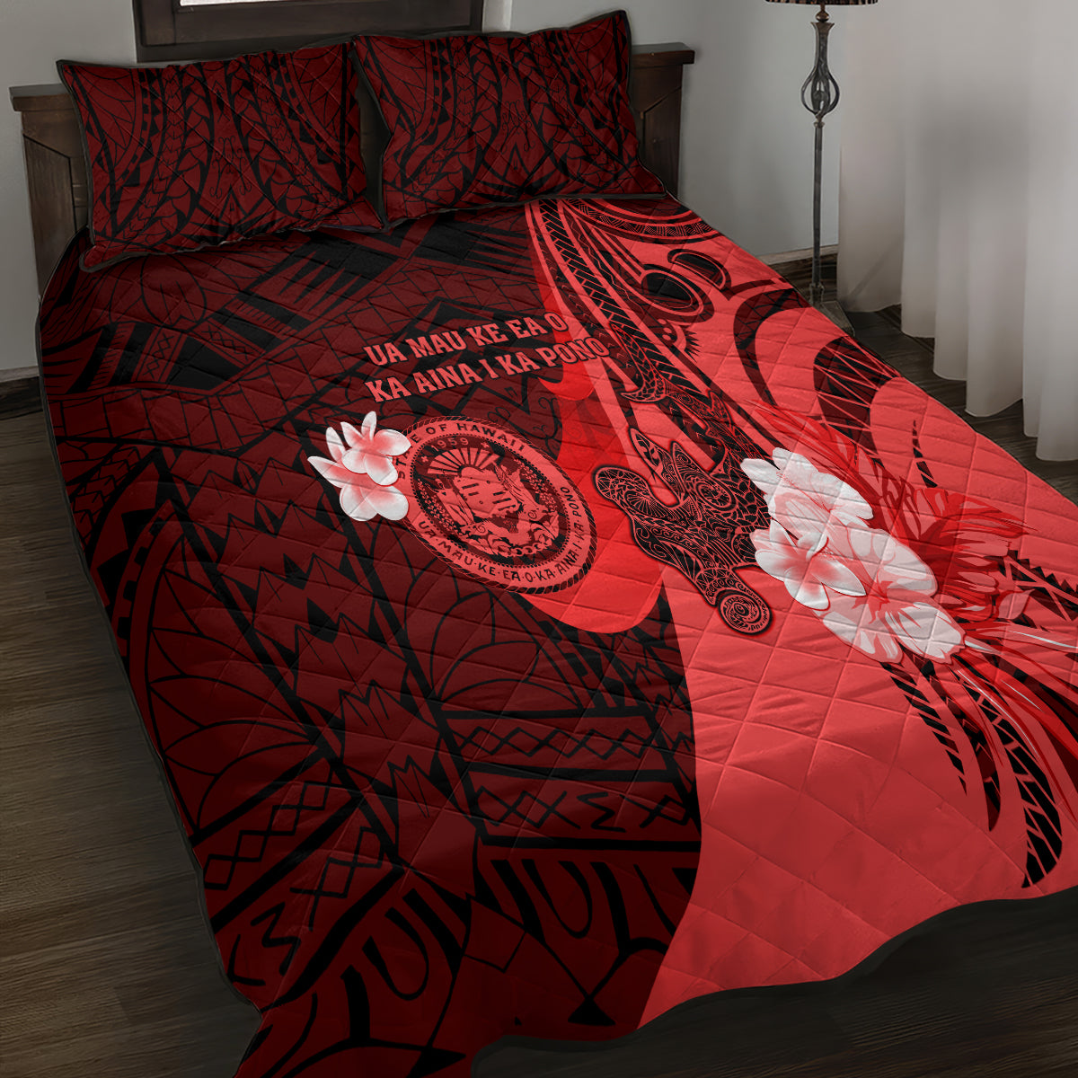 Hawaii State Motto Quilt Bed Set Hawaiian Tribal Red Hammerhead Shark LT05 - Polynesian Pride