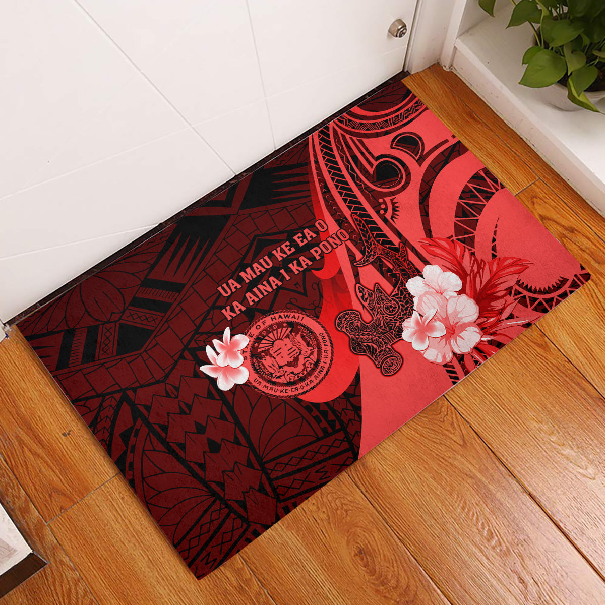 Hawaii State Motto Rubber Doormat Hawaiian Tribal Red Hammerhead Shark LT05 Red - Polynesian Pride