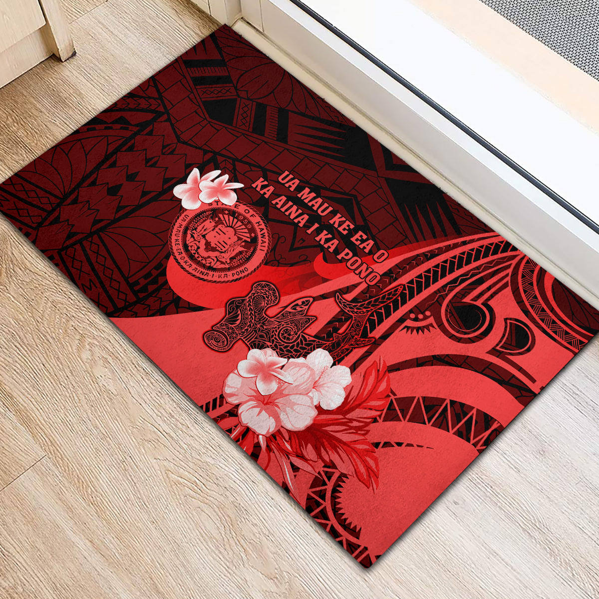 Hawaii State Motto Rubber Doormat Hawaiian Tribal Red Hammerhead Shark LT05 - Polynesian Pride
