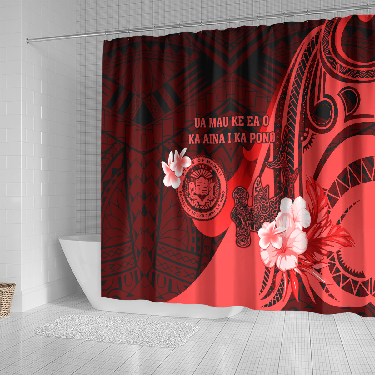 Hawaii State Motto Shower Curtain Hawaiian Tribal Red Hammerhead Shark LT05 - Polynesian Pride