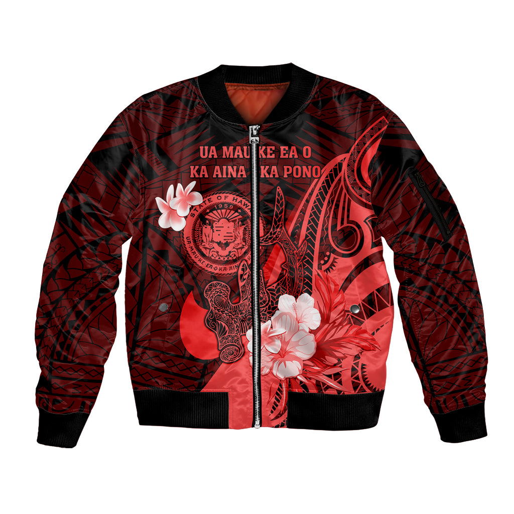 Personalised Hawaii State Motto Sleeve Zip Bomber Jacket Hawaiian Tribal Red Hammerhead Shark LT05 Unisex Red - Polynesian Pride