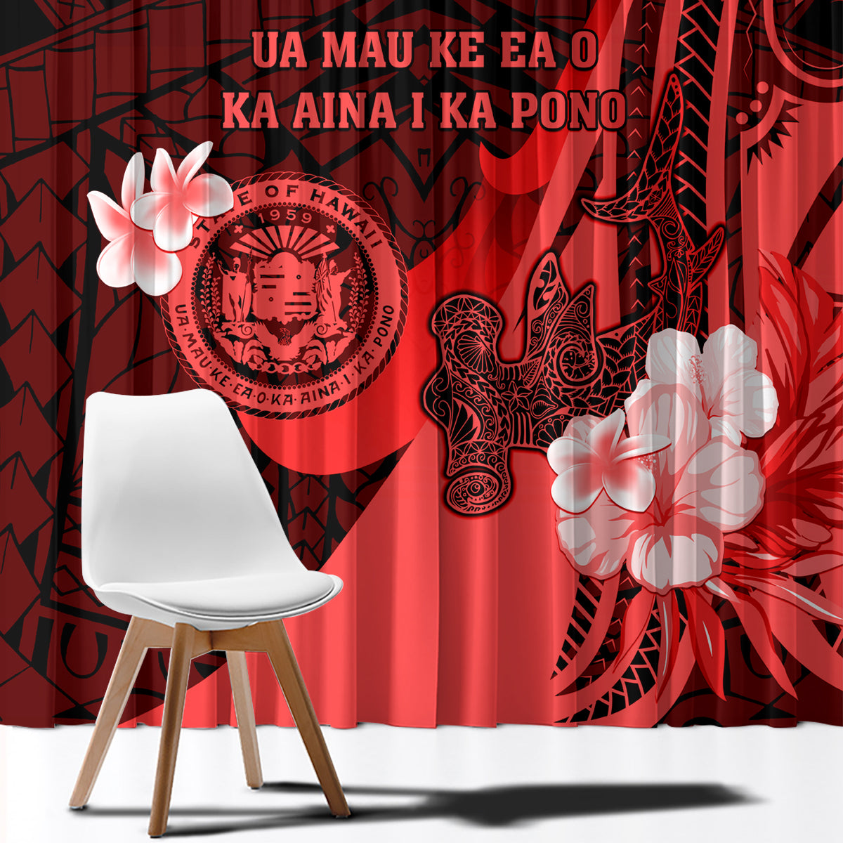 Hawaii State Motto Window Curtain Hawaiian Tribal Red Hammerhead Shark LT05 - Polynesian Pride