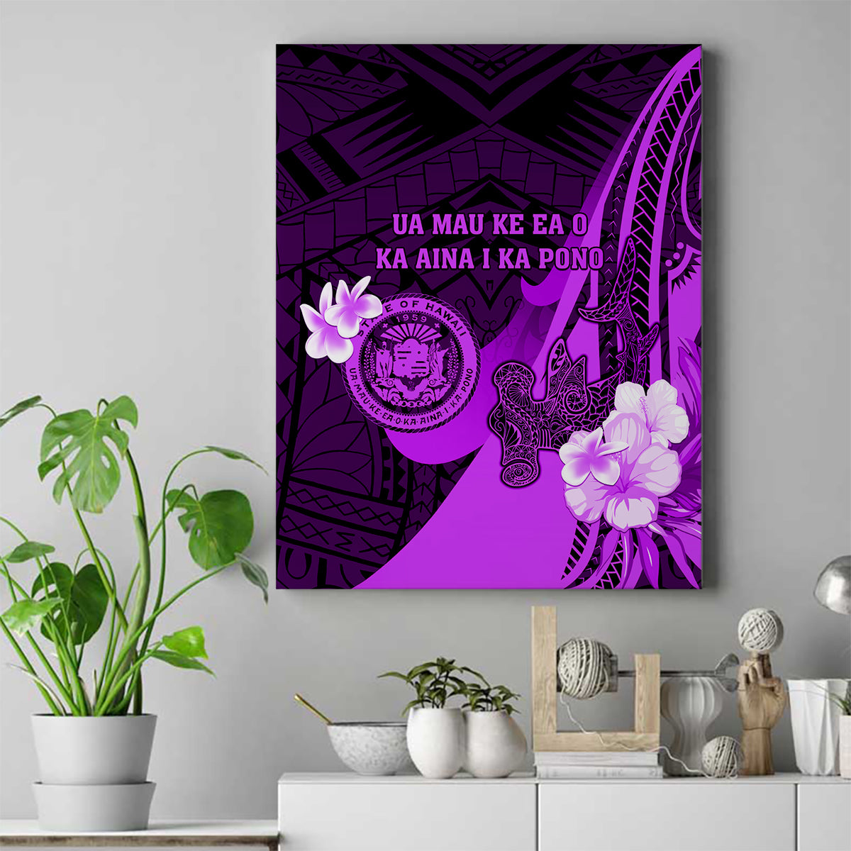 Hawaii State Motto Canvas Wall Art Hawaiian Tribal Purple Hammerhead Shark LT05 Purple - Polynesian Pride