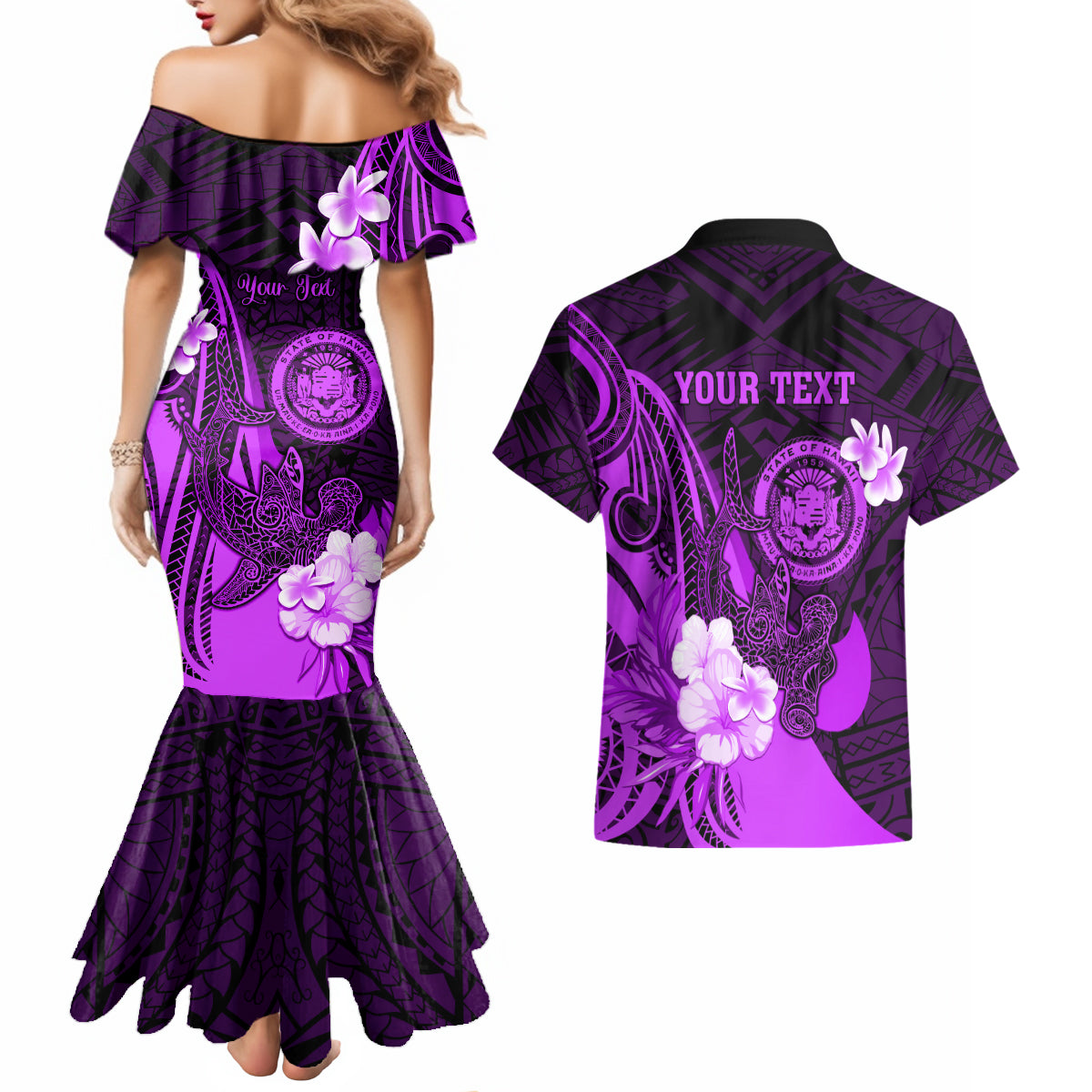 Personalised Hawaii State Motto Couples Matching Mermaid Dress and Hawaiian Shirt Hawaiian Tribal Purple Hammerhead Shark LT05 - Polynesian Pride