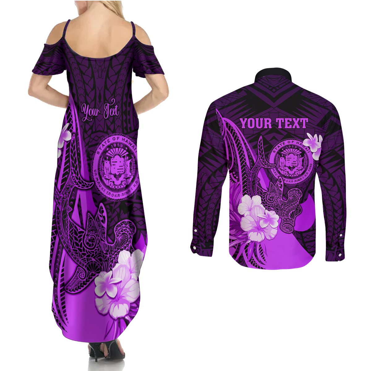 Personalised Hawaii State Motto Couples Matching Summer Maxi Dress and Long Sleeve Button Shirt Hawaiian Tribal Purple Hammerhead Shark LT05 - Polynesian Pride