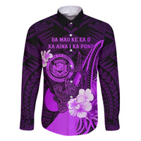 Personalised Hawaii State Motto Family Matching Long Sleeve Bodycon Dress and Hawaiian Shirt Hawaiian Tribal Purple Hammerhead Shark LT05 Dad's Shirt - Long Sleeve Purple - Polynesian Pride