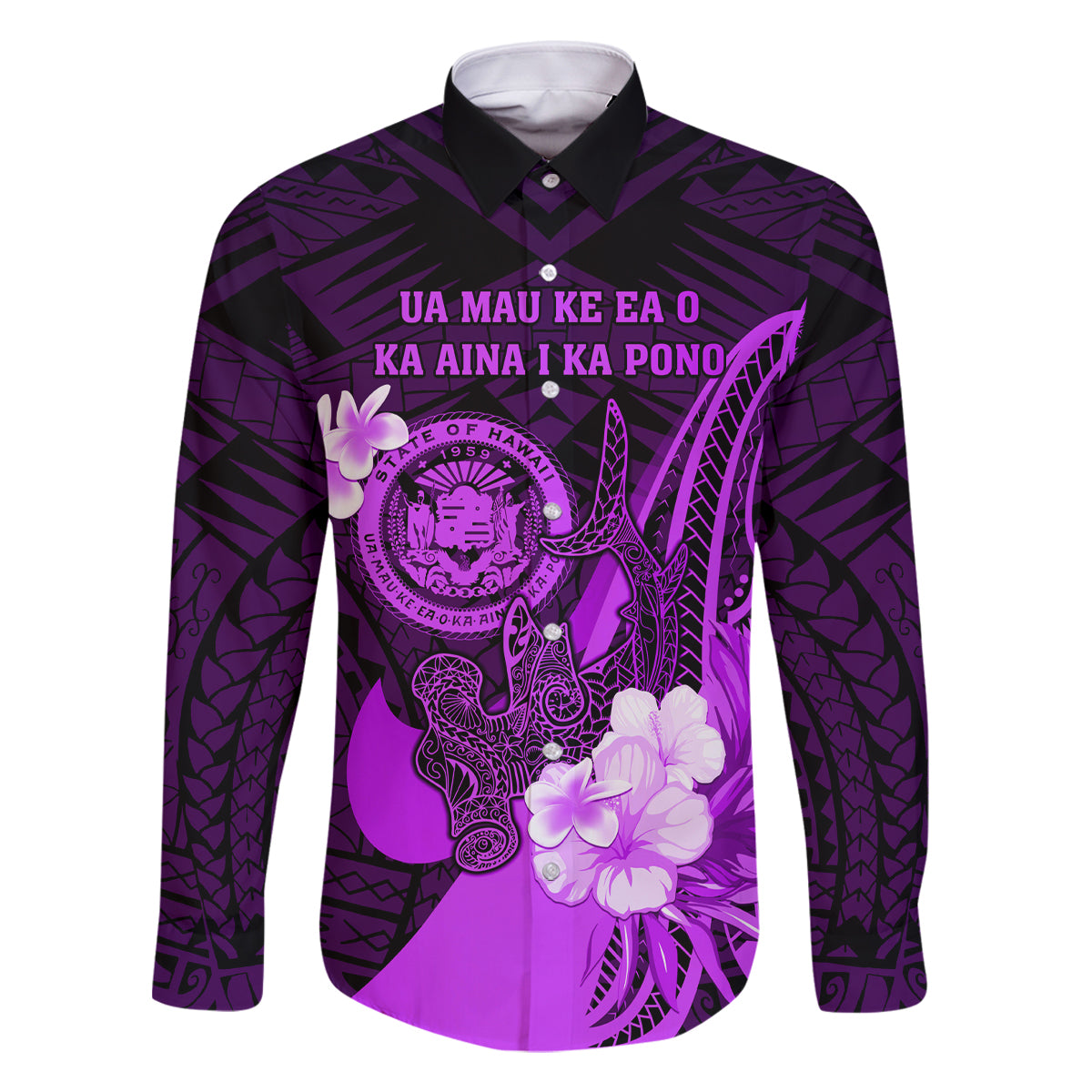 Personalised Hawaii State Motto Family Matching Off Shoulder Maxi Dress and Hawaiian Shirt Hawaiian Tribal Purple Hammerhead Shark LT05 Dad's Shirt - Long Sleeve Purple - Polynesian Pride