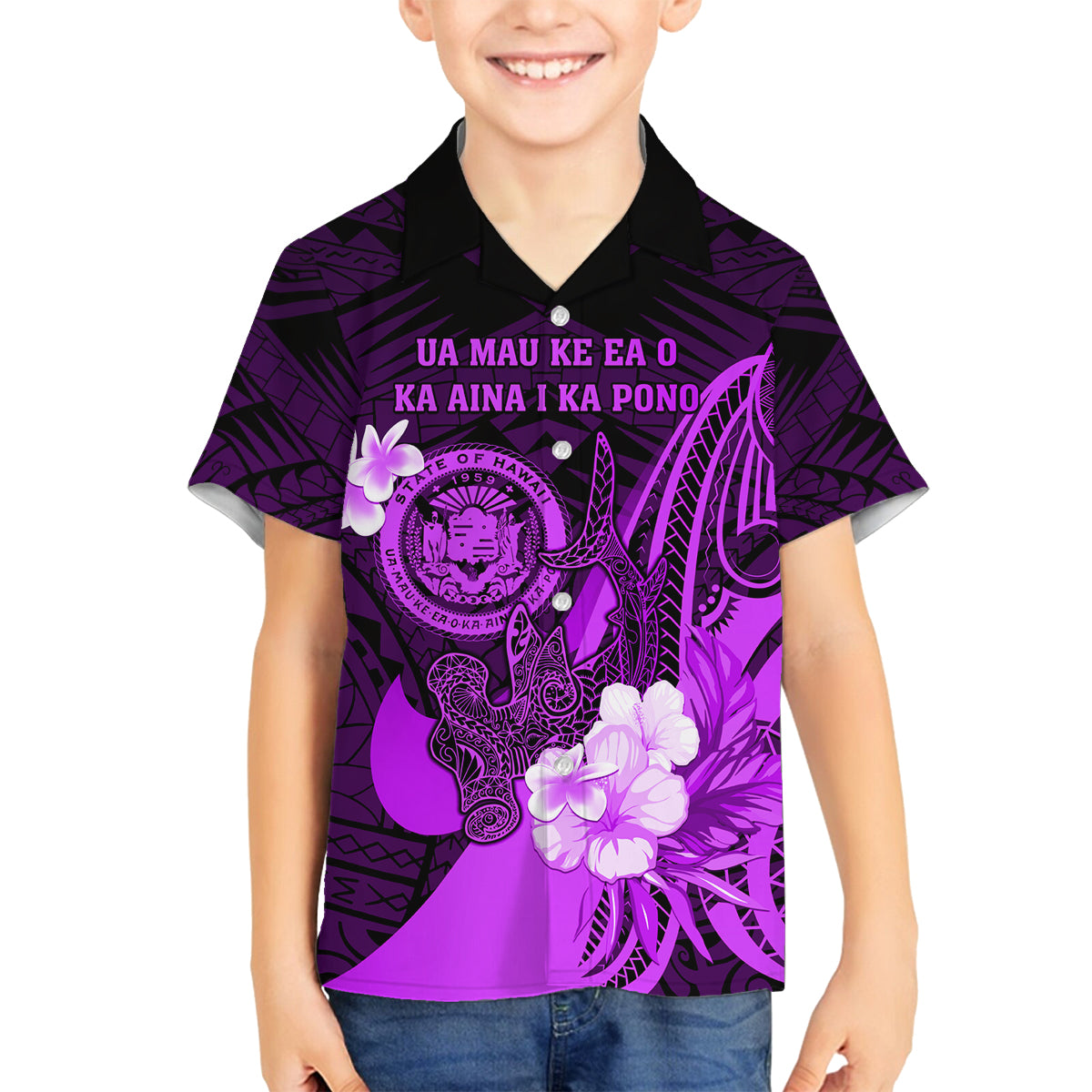 Personalised Hawaii State Motto Family Matching Puletasi and Hawaiian Shirt Hawaiian Tribal Purple Hammerhead Shark LT05 Son's Shirt Purple - Polynesian Pride