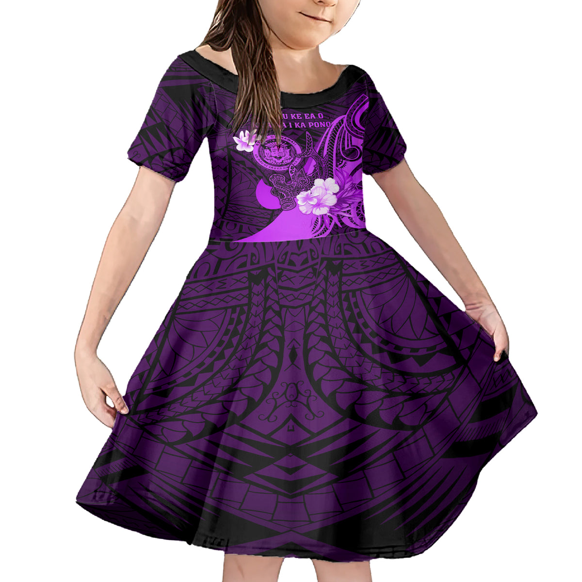 Personalised Hawaii State Motto Family Matching Short Sleeve Bodycon Dress and Hawaiian Shirt Hawaiian Tribal Purple Hammerhead Shark LT05 Daughter's Dress Purple - Polynesian Pride