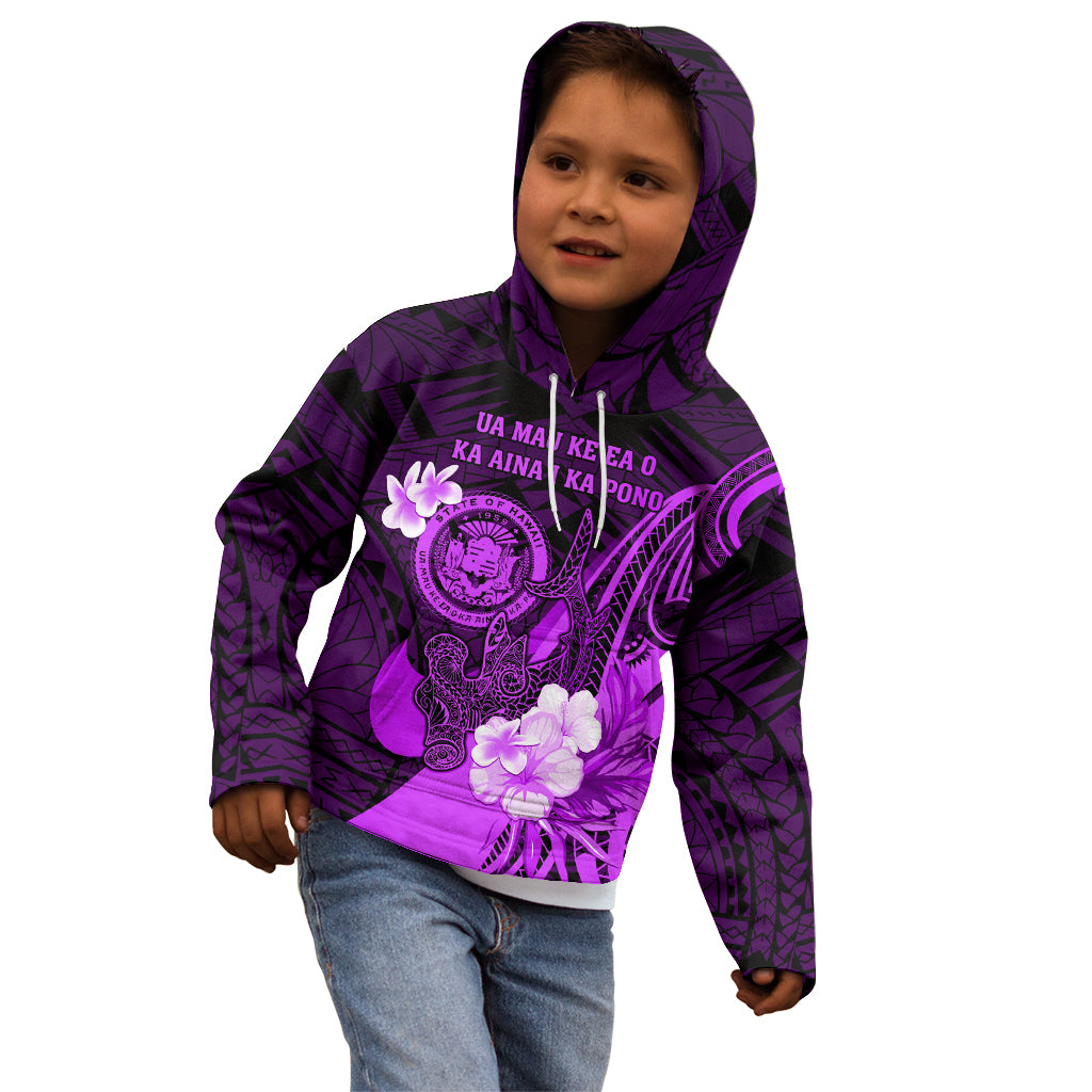 Personalised Hawaii State Motto Kid Hoodie Hawaiian Tribal Purple Hammerhead Shark LT05 - Polynesian Pride