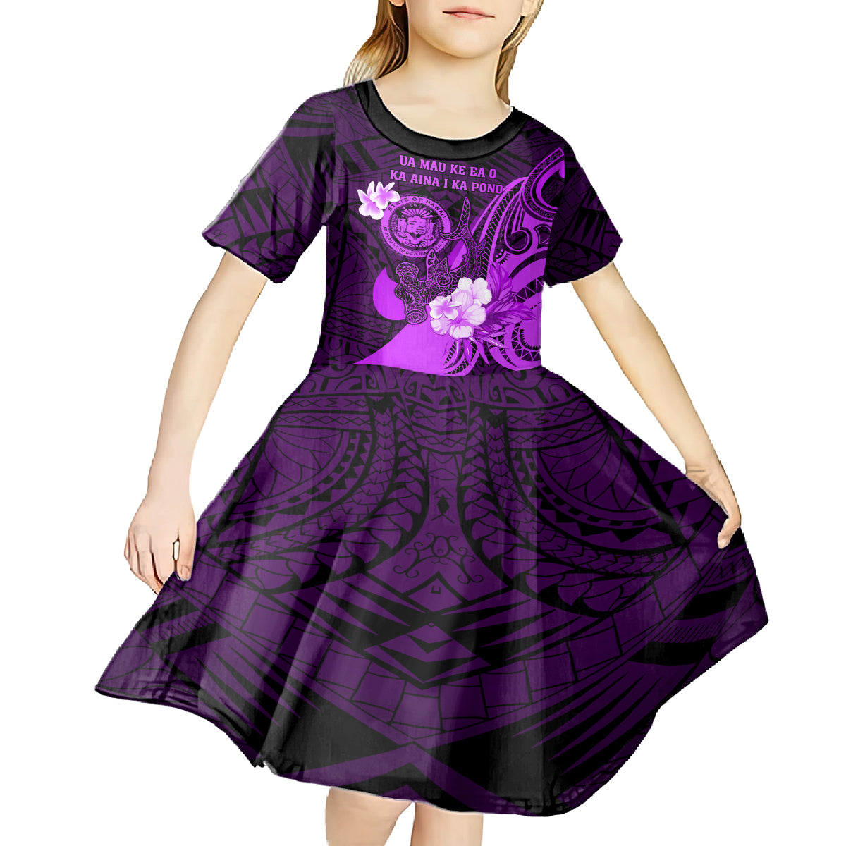 Personalised Hawaii State Motto Kid Short Sleeve Dress Hawaiian Tribal Purple Hammerhead Shark LT05 - Polynesian Pride