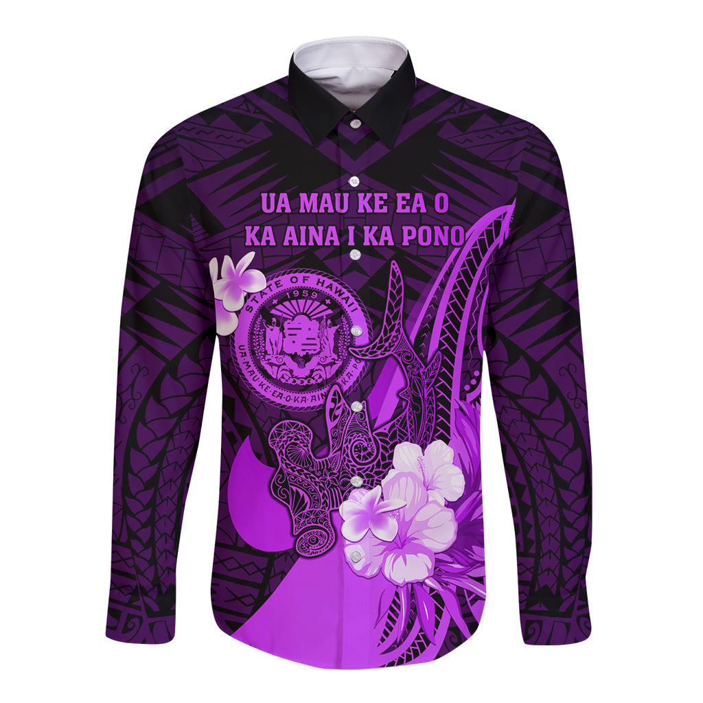 Personalised Hawaii State Motto Long Sleeve Button Shirt Hawaiian Tribal Purple Hammerhead Shark LT05 Unisex Purple - Polynesian Pride