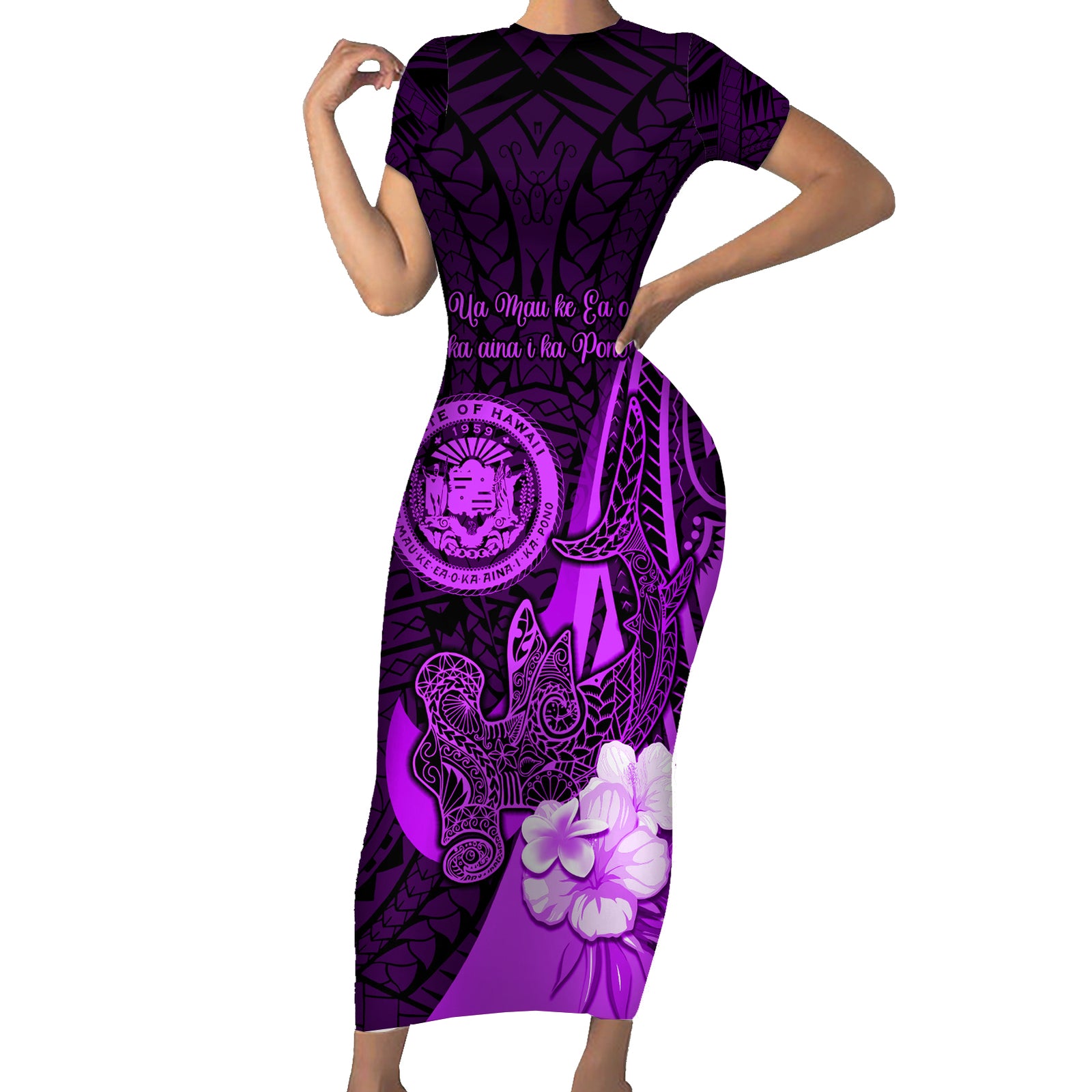 Personalised Hawaii State Motto Short Sleeve Bodycon Dress Hawaiian Tribal Purple Hammerhead Shark LT05 Long Dress Purple - Polynesian Pride