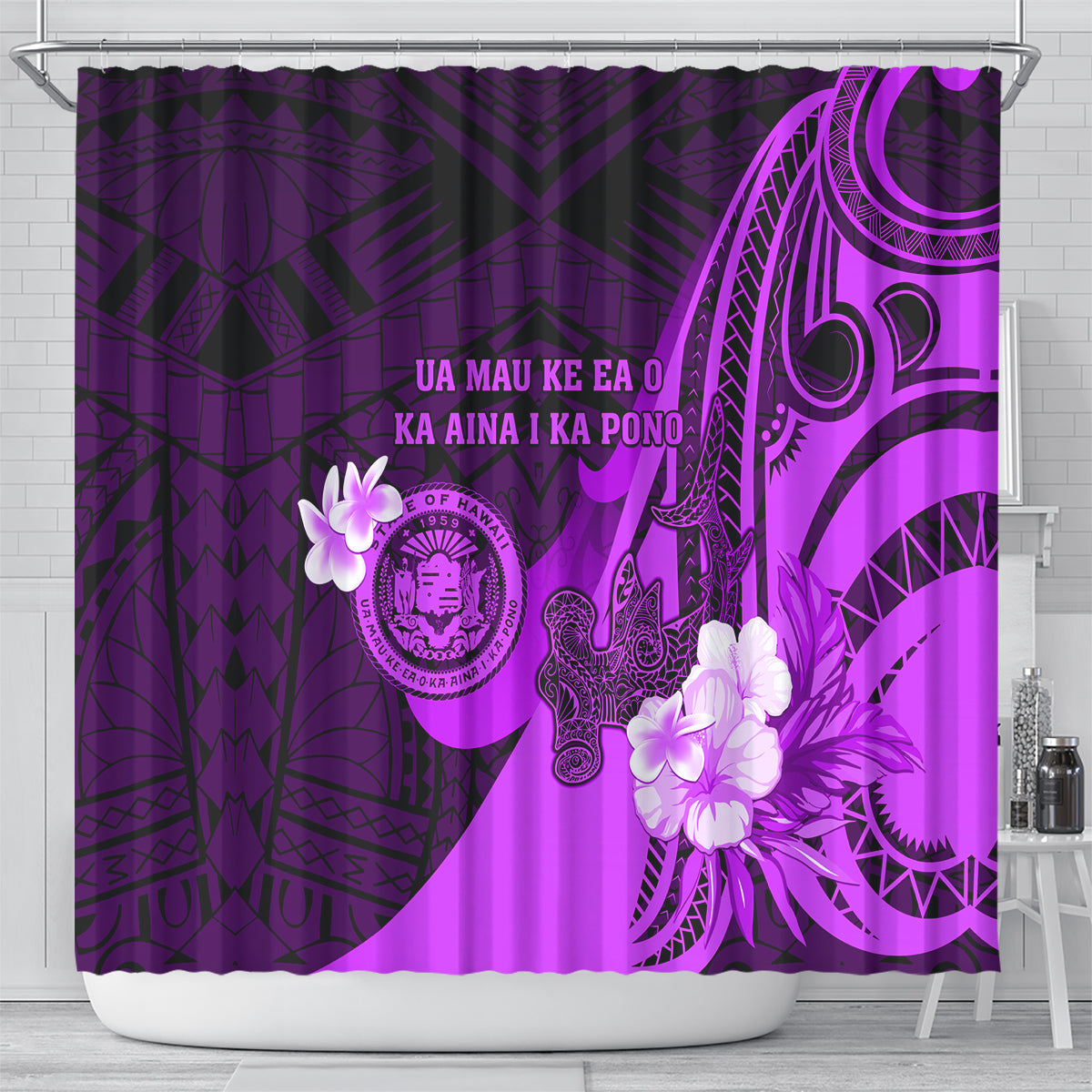 Hawaii State Motto Shower Curtain Hawaiian Tribal Purple Hammerhead Shark LT05 - Polynesian Pride