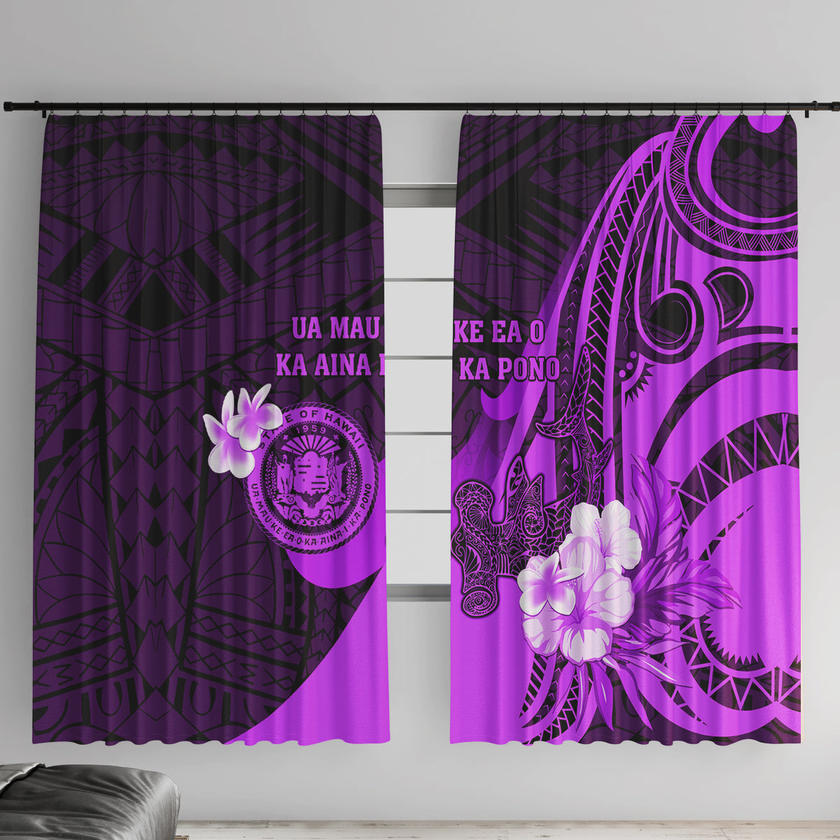 Hawaii State Motto Window Curtain Hawaiian Tribal Purple Hammerhead Shark LT05 With Hooks Purple - Polynesian Pride