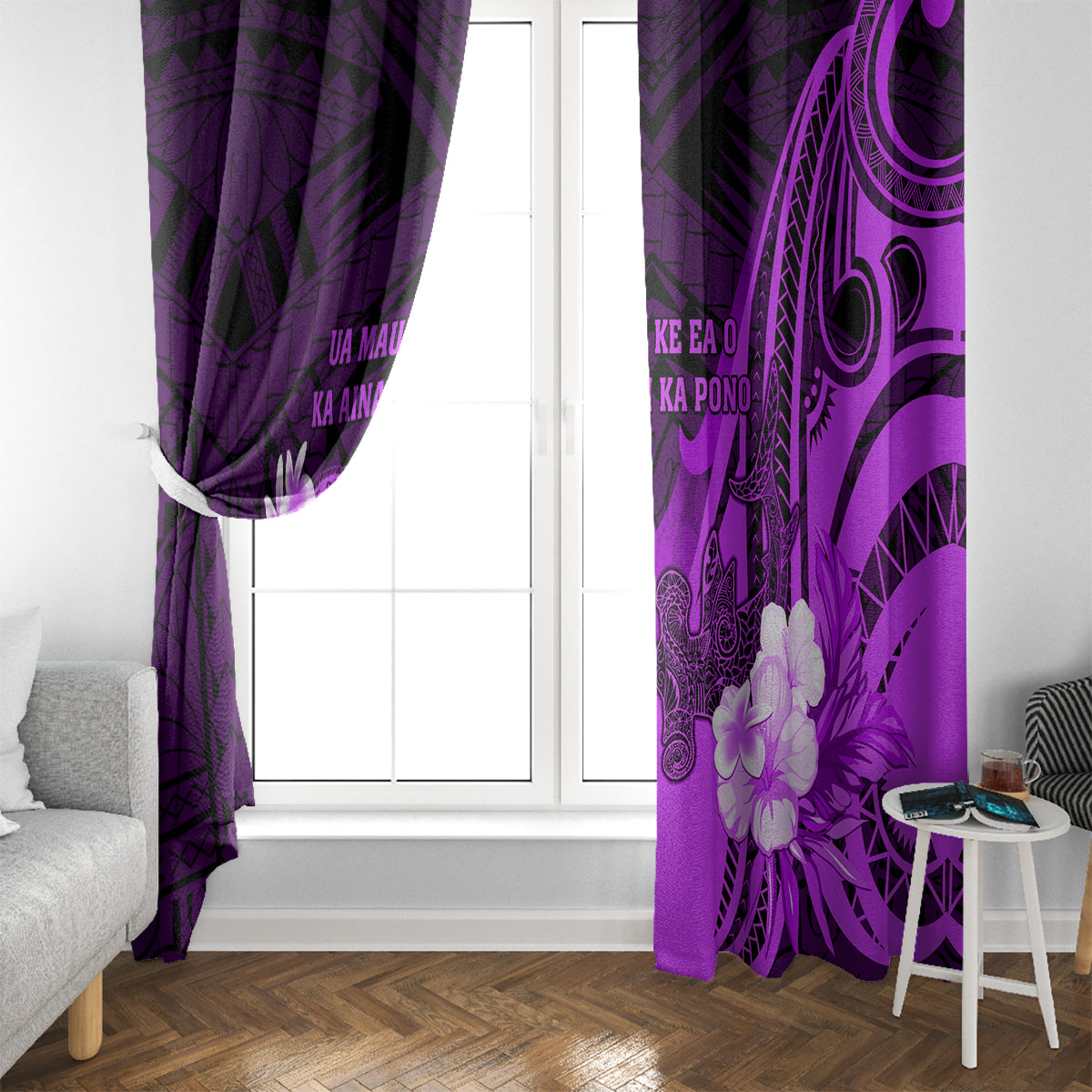 Hawaii State Motto Window Curtain Hawaiian Tribal Purple Hammerhead Shark LT05 - Polynesian Pride