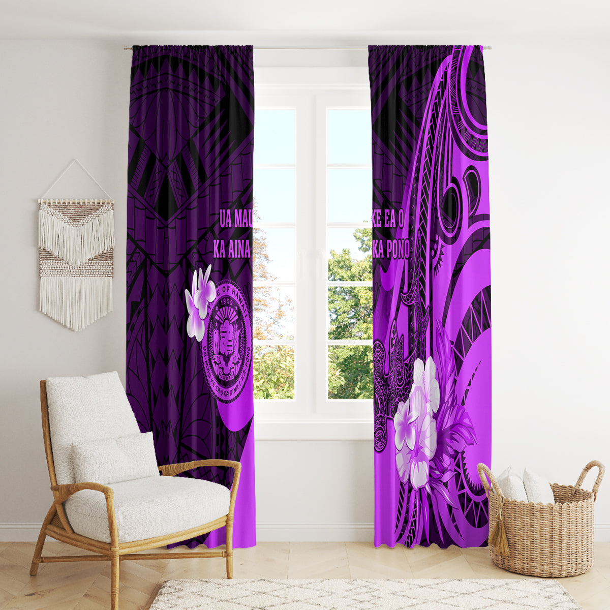 Hawaii State Motto Window Curtain Hawaiian Tribal Purple Hammerhead Shark LT05 - Polynesian Pride