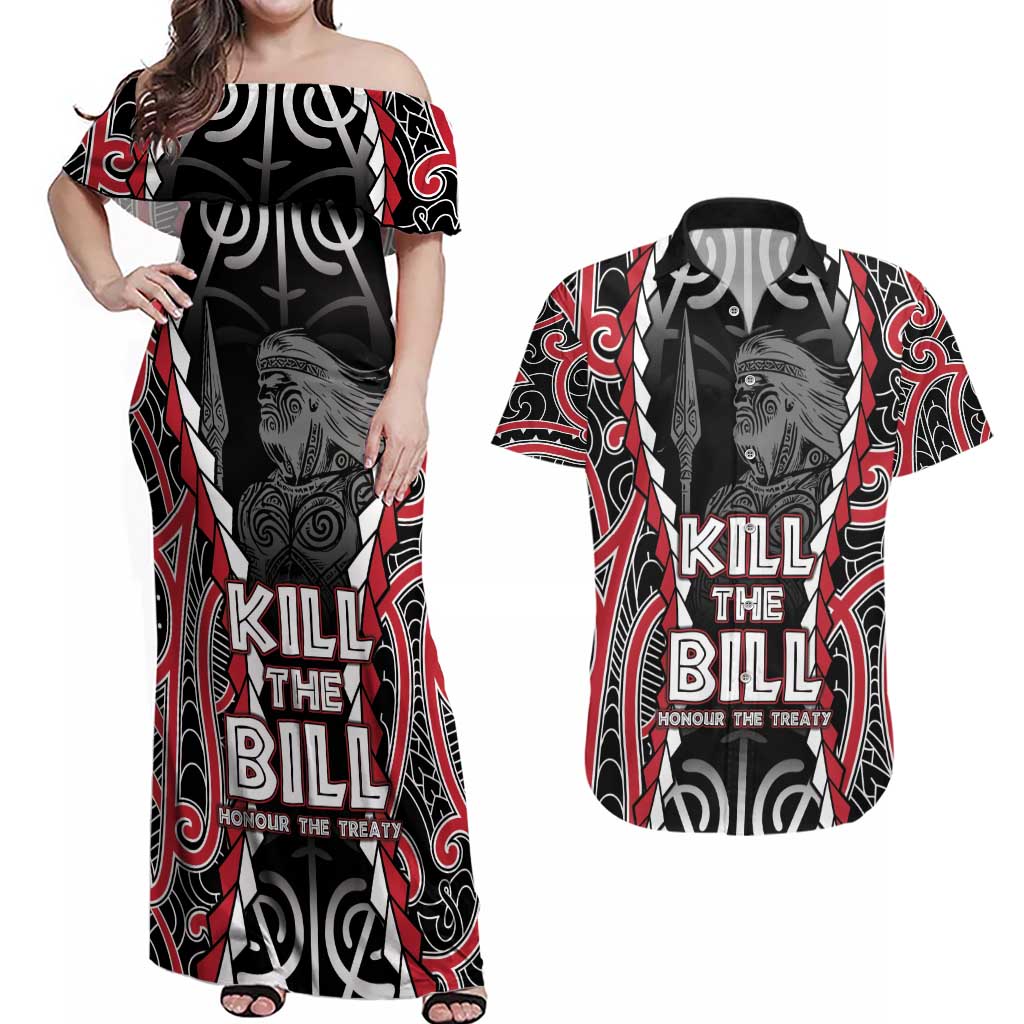 Aotearoa Waitangi Day Couples Matching Off Shoulder Maxi Dress and Hawaiian Shirt Maori Warrior Tribal Tattoo LT05 Black - Polynesian Pride
