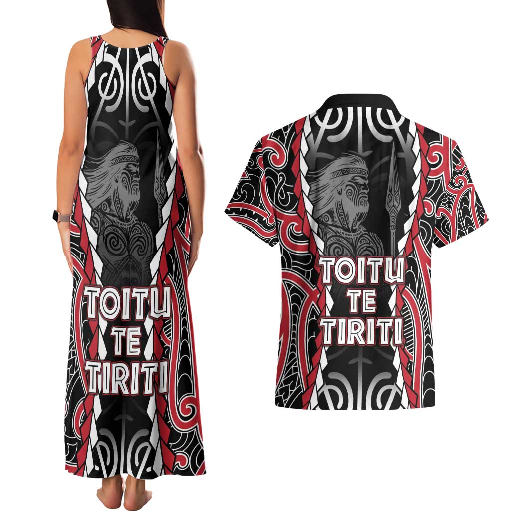 Aotearoa Waitangi Day Couples Matching Tank Maxi Dress and Hawaiian Shirt Maori Warrior Tribal Tattoo LT05 - Polynesian Pride