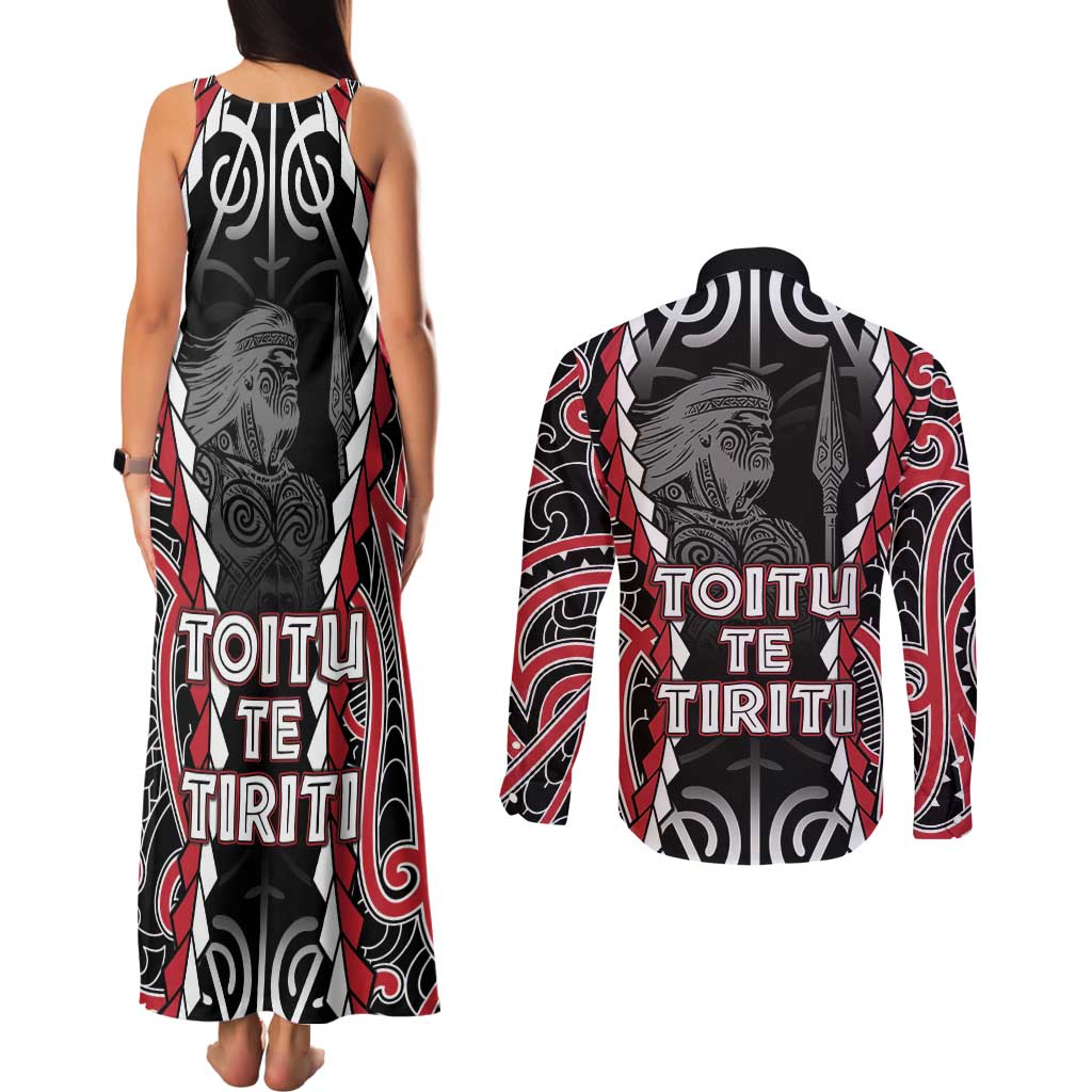 Aotearoa Waitangi Day Couples Matching Tank Maxi Dress and Long Sleeve Button Shirt Maori Warrior Tribal Tattoo