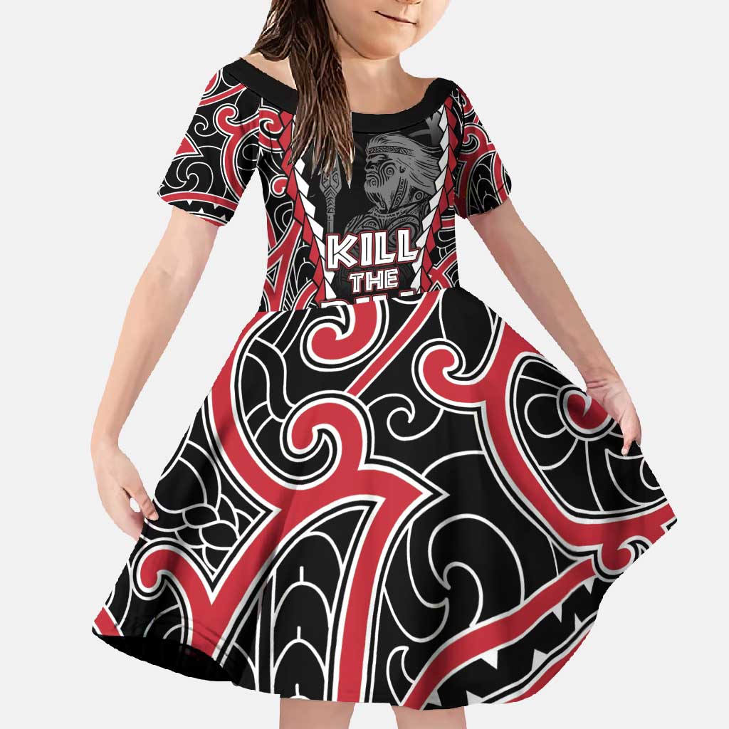Aotearoa Waitangi Day Family Matching Long Sleeve Bodycon Dress and Hawaiian Shirt Maori Warrior Tribal Tattoo LT05 Daughter's Dress Black - Polynesian Pride
