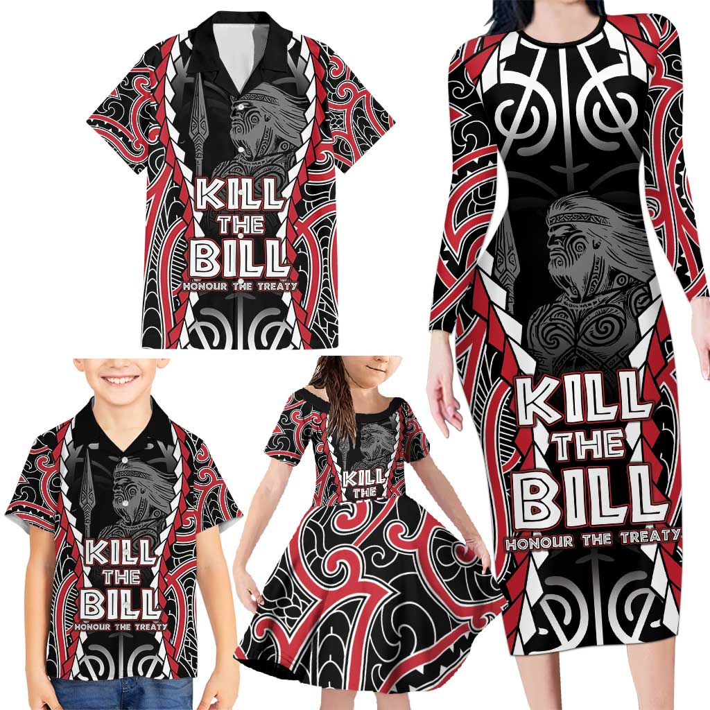 Aotearoa Waitangi Day Family Matching Long Sleeve Bodycon Dress and Hawaiian Shirt Maori Warrior Tribal Tattoo LT05 - Polynesian Pride