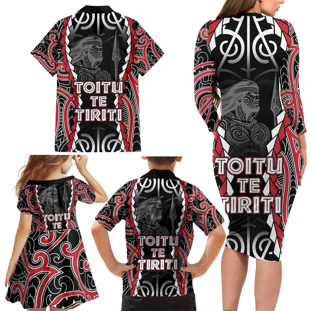 Aotearoa Waitangi Day Family Matching Long Sleeve Bodycon Dress and Hawaiian Shirt Maori Warrior Tribal Tattoo LT05 - Polynesian Pride