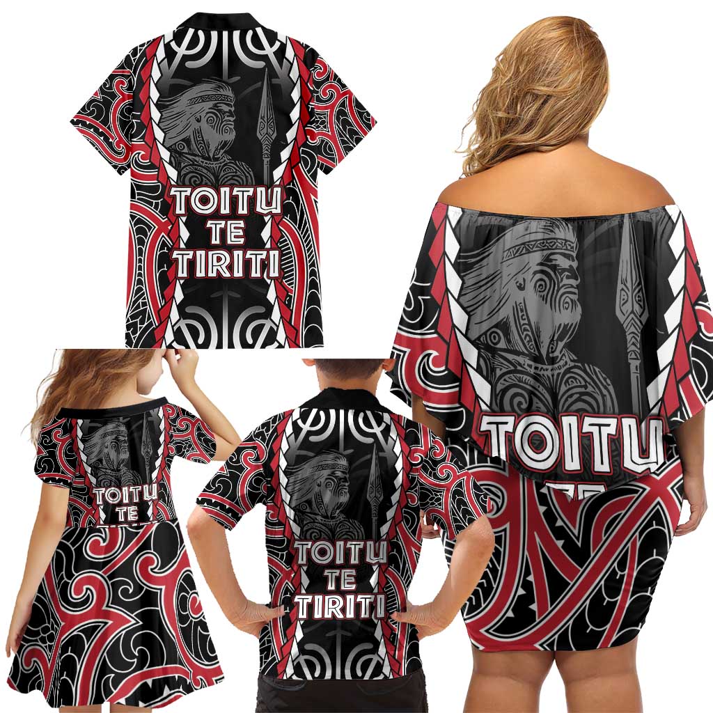 Aotearoa Waitangi Day Family Matching Off Shoulder Short Dress and Hawaiian Shirt Maori Warrior Tribal Tattoo LT05 - Polynesian Pride