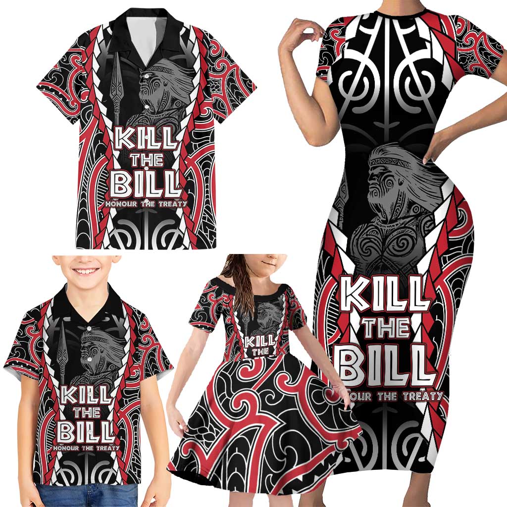 Aotearoa Waitangi Day Family Matching Short Sleeve Bodycon Dress and Hawaiian Shirt Maori Warrior Tribal Tattoo LT05 - Polynesian Pride