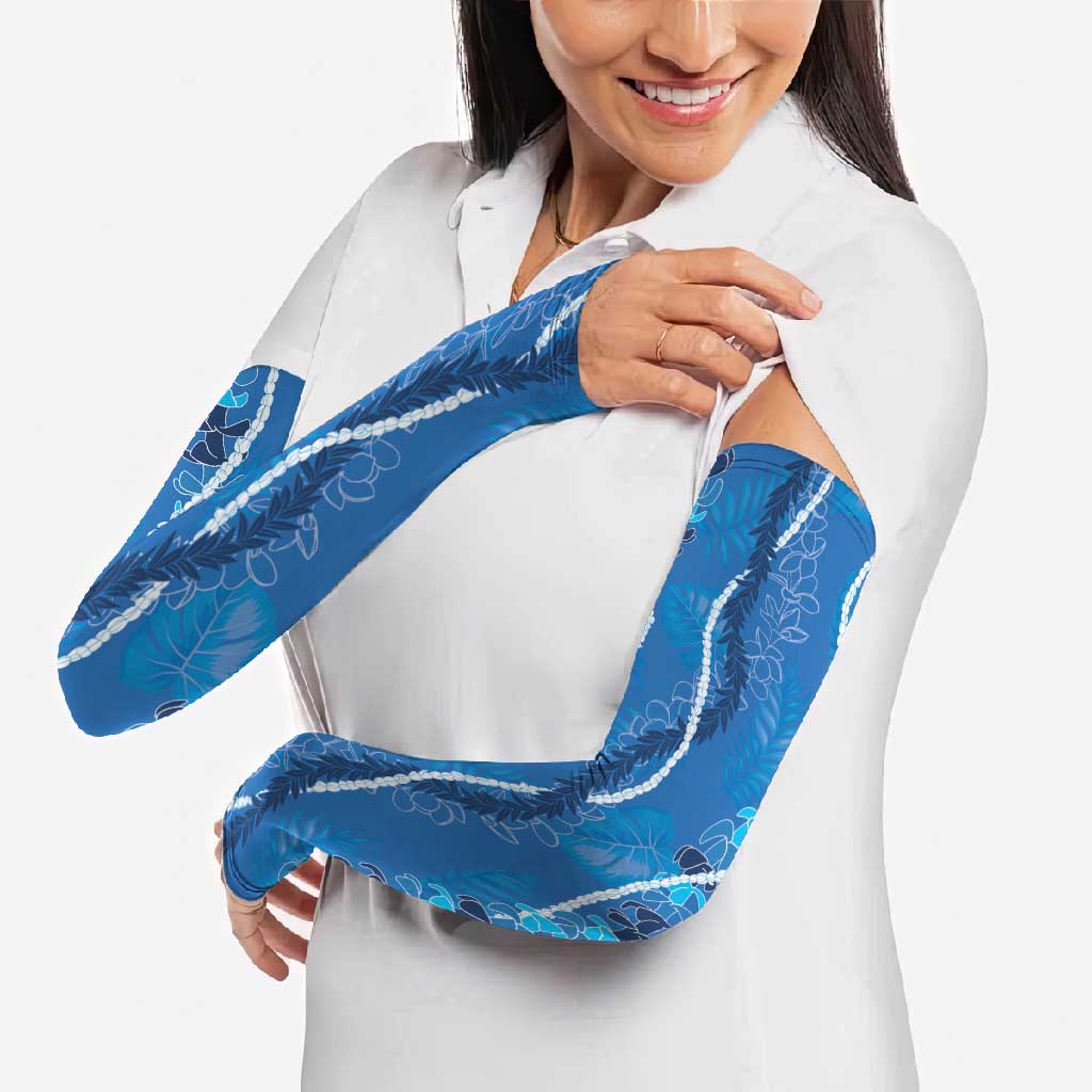 Hawaii Maile Lei Arm Sleeves With Blue Monstera Pattern - Polynesian Pride