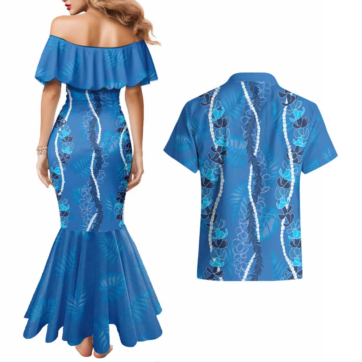 Hawaii Maile Lei Couples Matching Mermaid Dress and Hawaiian Shirt With Blue Monstera Pattern